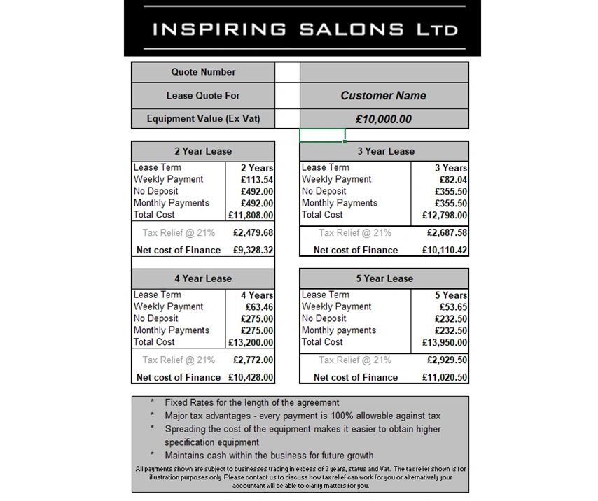 PDF showing an Excel sheet with all the repayment terms for salon leasing