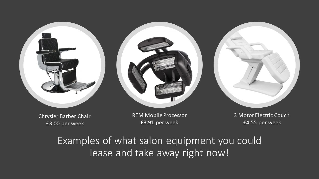 Picture showing a selection of salon equipment available to lease with their repayment valuse.