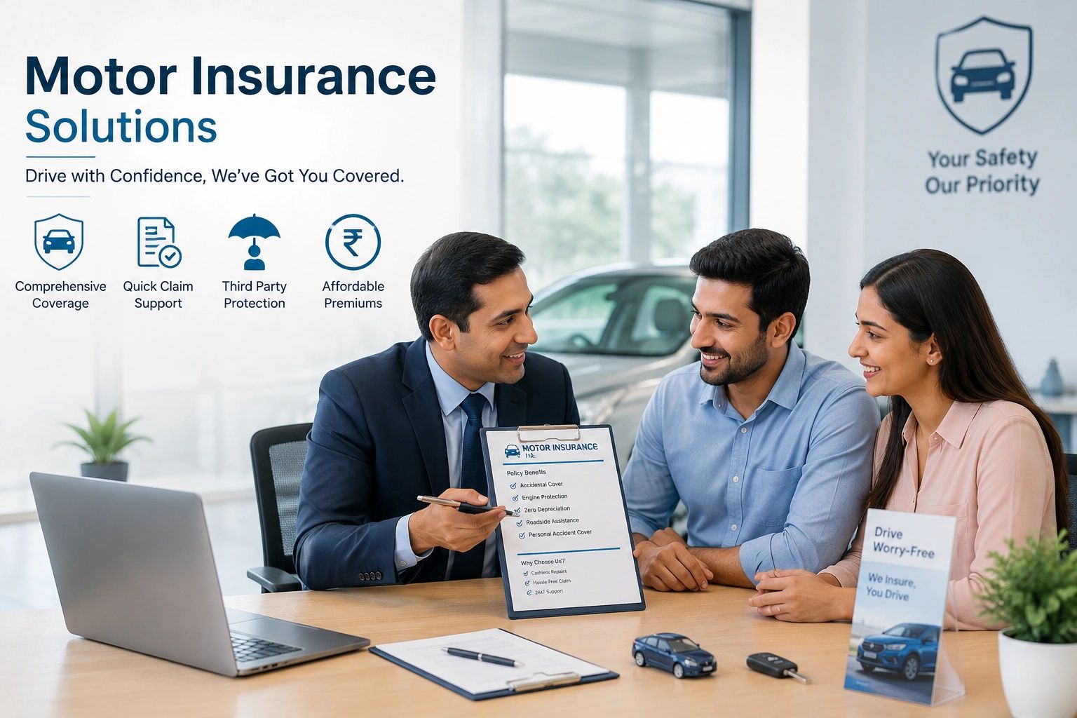 Insurance agent explaining motor insurance benefits to a couple in an office.