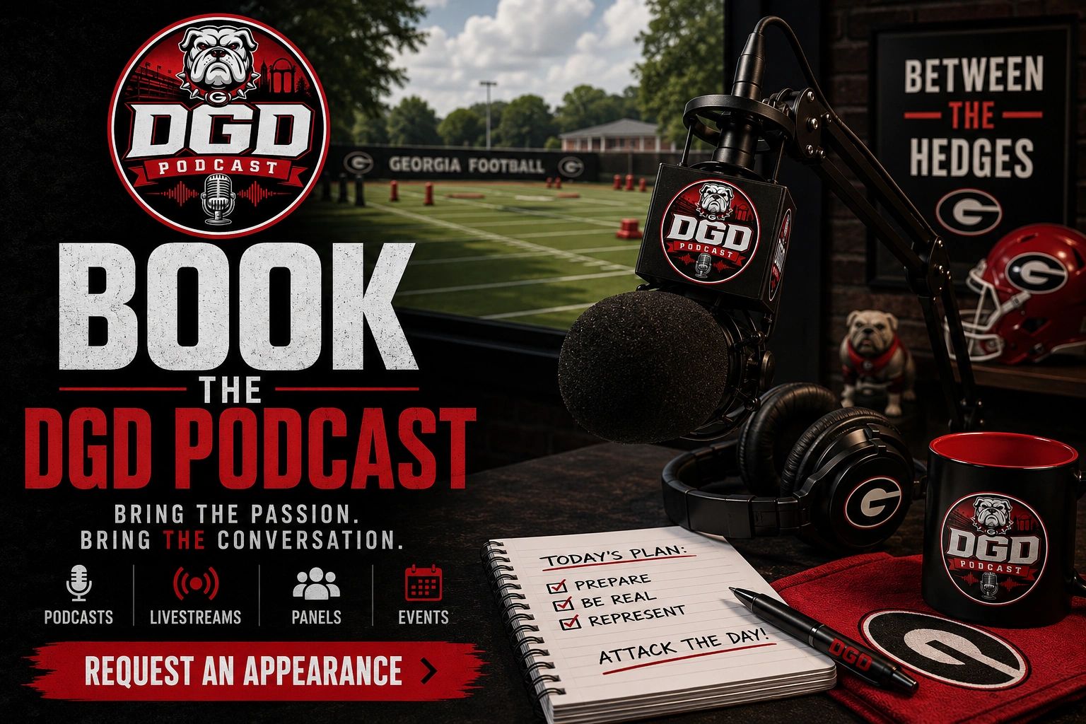 Promote booking for DGD Podcast with Georgia Bulldogs football theme.