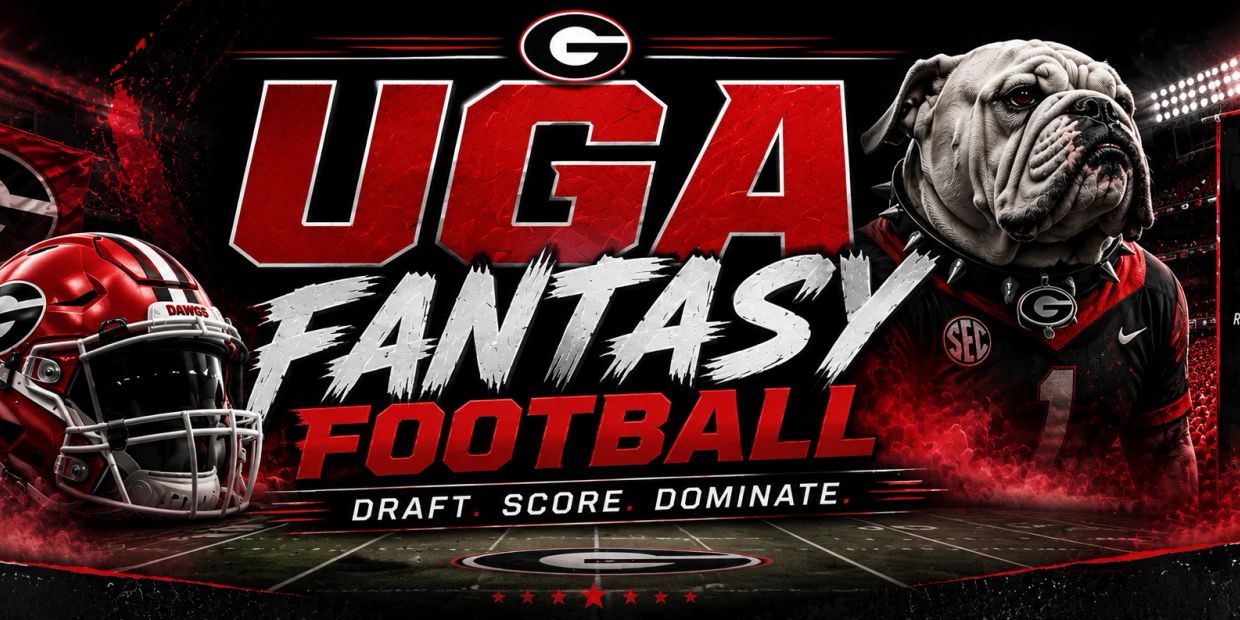 University of Georgia fantasy football promo with bulldog mascot.