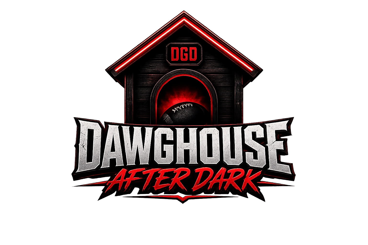 Logo for Dawghouse After Dark with a doghouse and football.