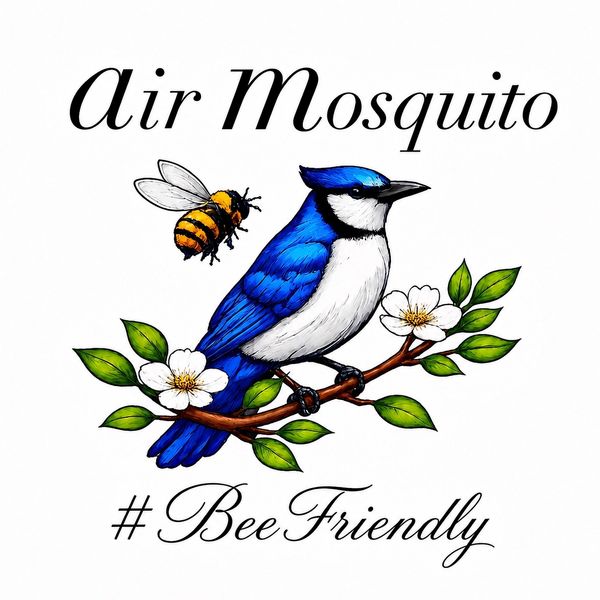 Illustration of a blue bird on a branch with a bee and the text 'air Mosquito #BeeFriendly'.