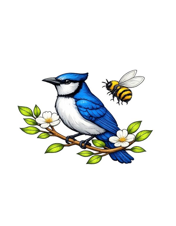 Bluebird perched on branch with bee nearby.