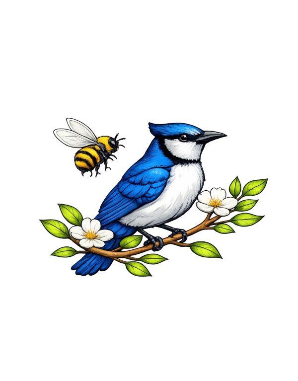 Illustration of a blue bird and a bee on a flowering branch.