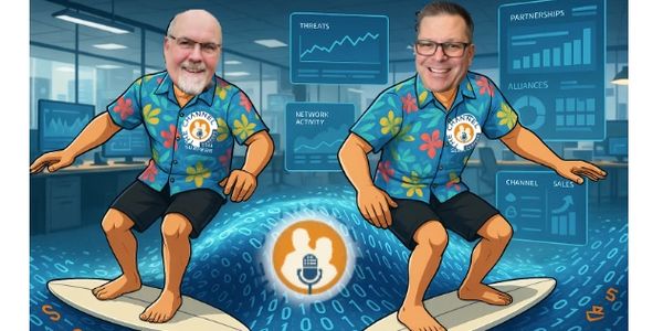 Two men with cartoon bodies surfing on digital waves under 'The Channel Surfers' title.