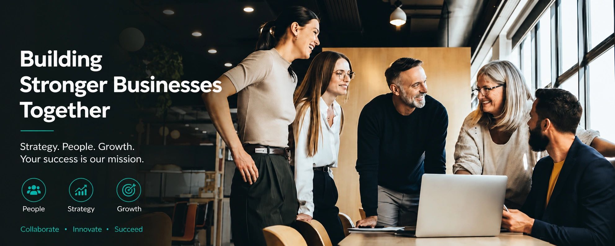A diverse team collaborates in a modern office, embodying business growth and strategy.
