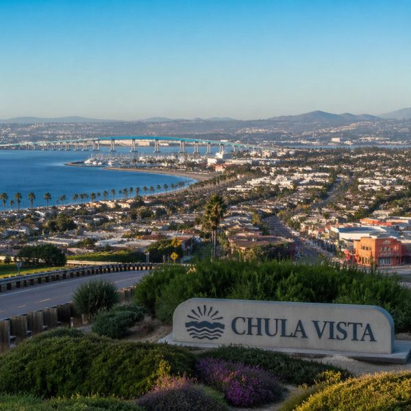 Scenic view of Chula Vista with the bay and bridge in the background.