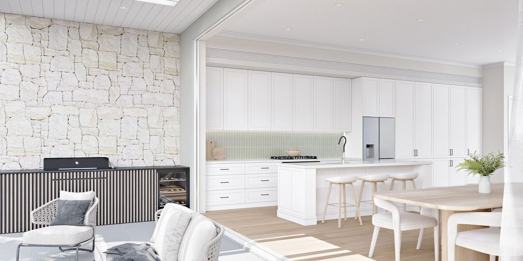 Russian oak engineered flooring limestone cladding, knotwood paneling BBQ cabinet doors.