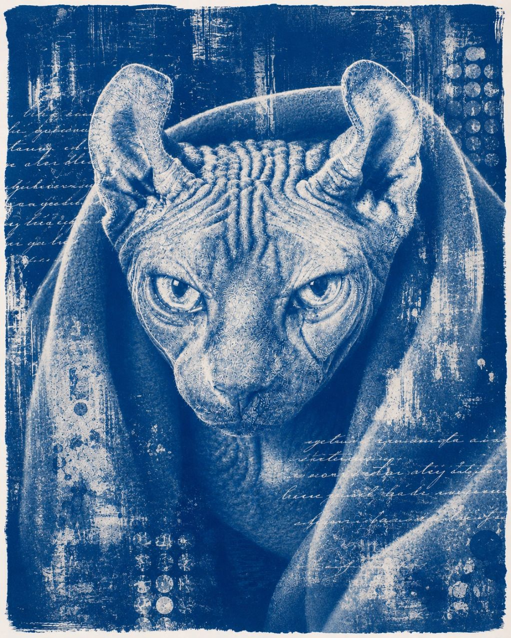 Artistic image of a Sphynx cat wrapped in a textured cloth.