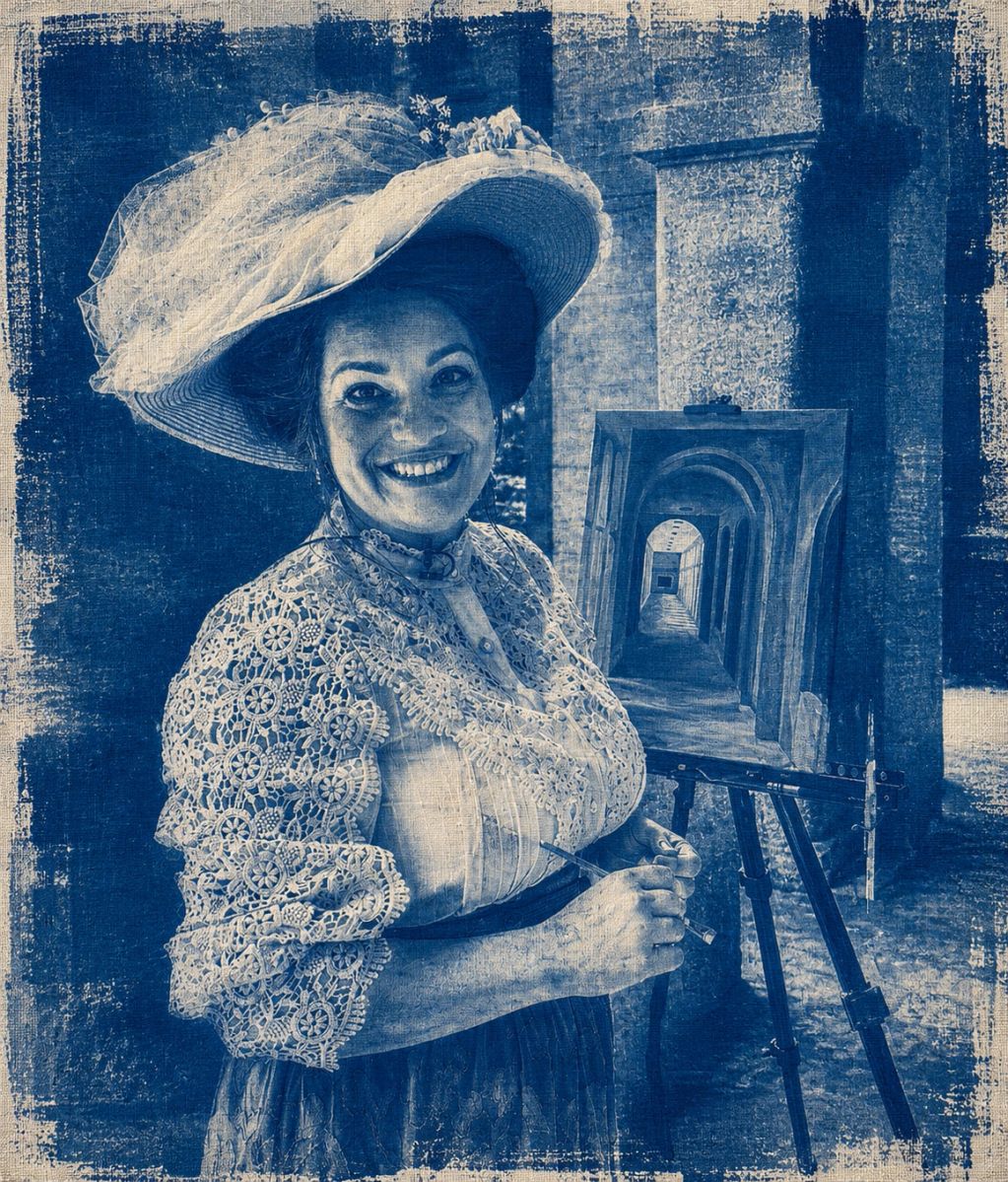 Vintage-style photo of a smiling woman painter in lace dress and large hat.