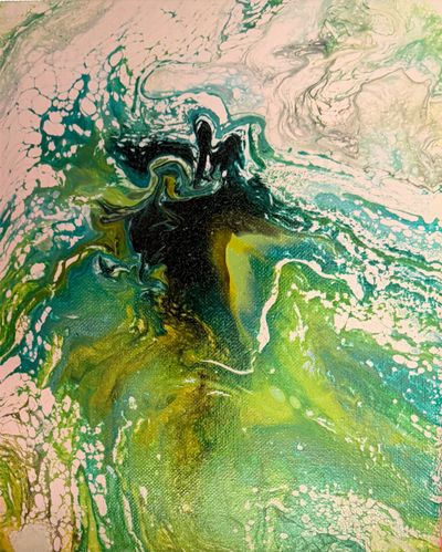 Abstract painting with swirling green, blue, black, and white colors.