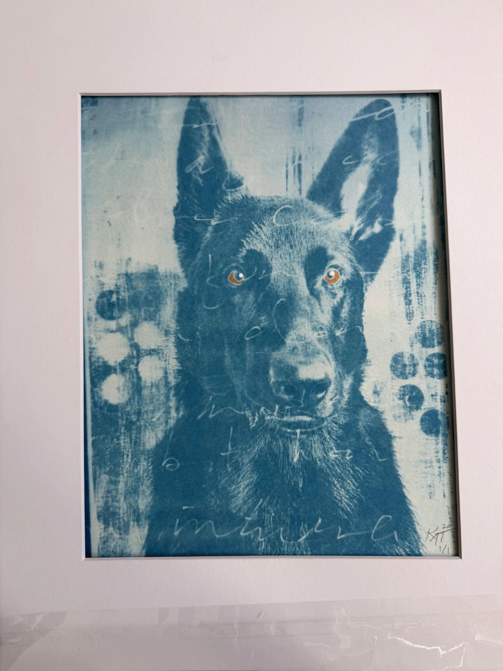 Blue-toned artistic portrait of a dog with highlighted brown eyes.