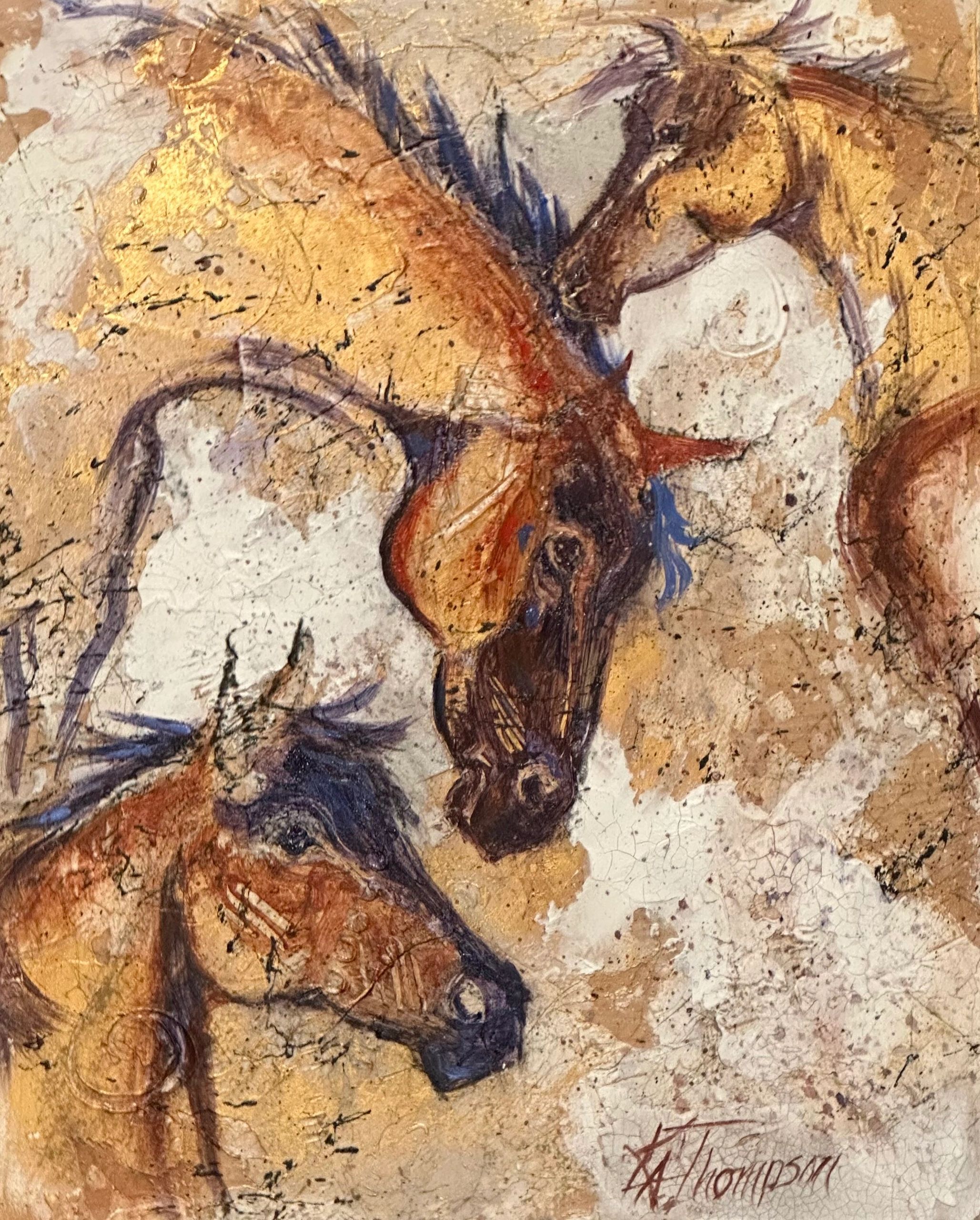 Kat Thompson. Acrylic mixed media 16 x 20” Horses that run wild in my heart. Available 