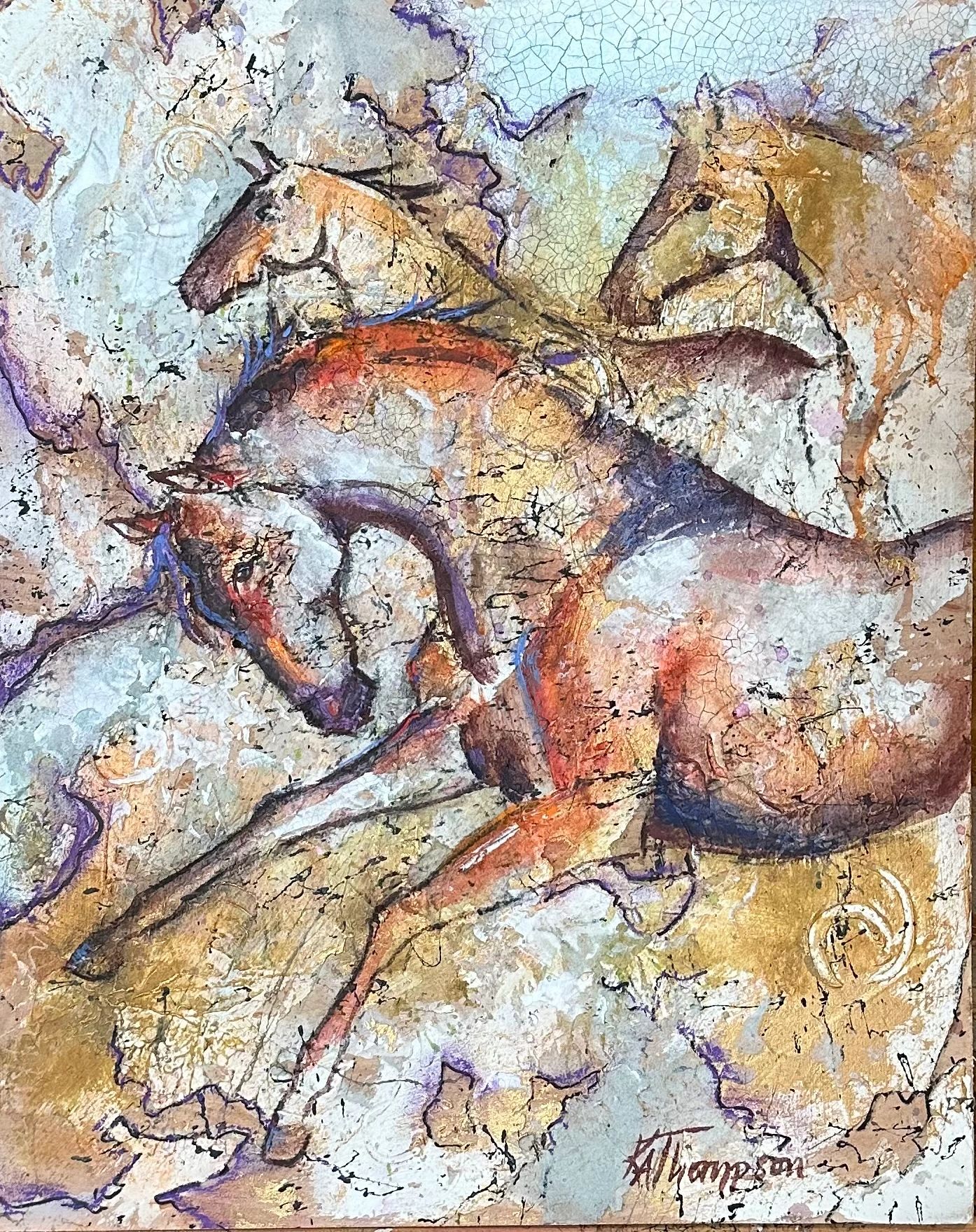 Kat Thompson Stampede in the clouds. 16”x20” acrylic mixed media
Available 