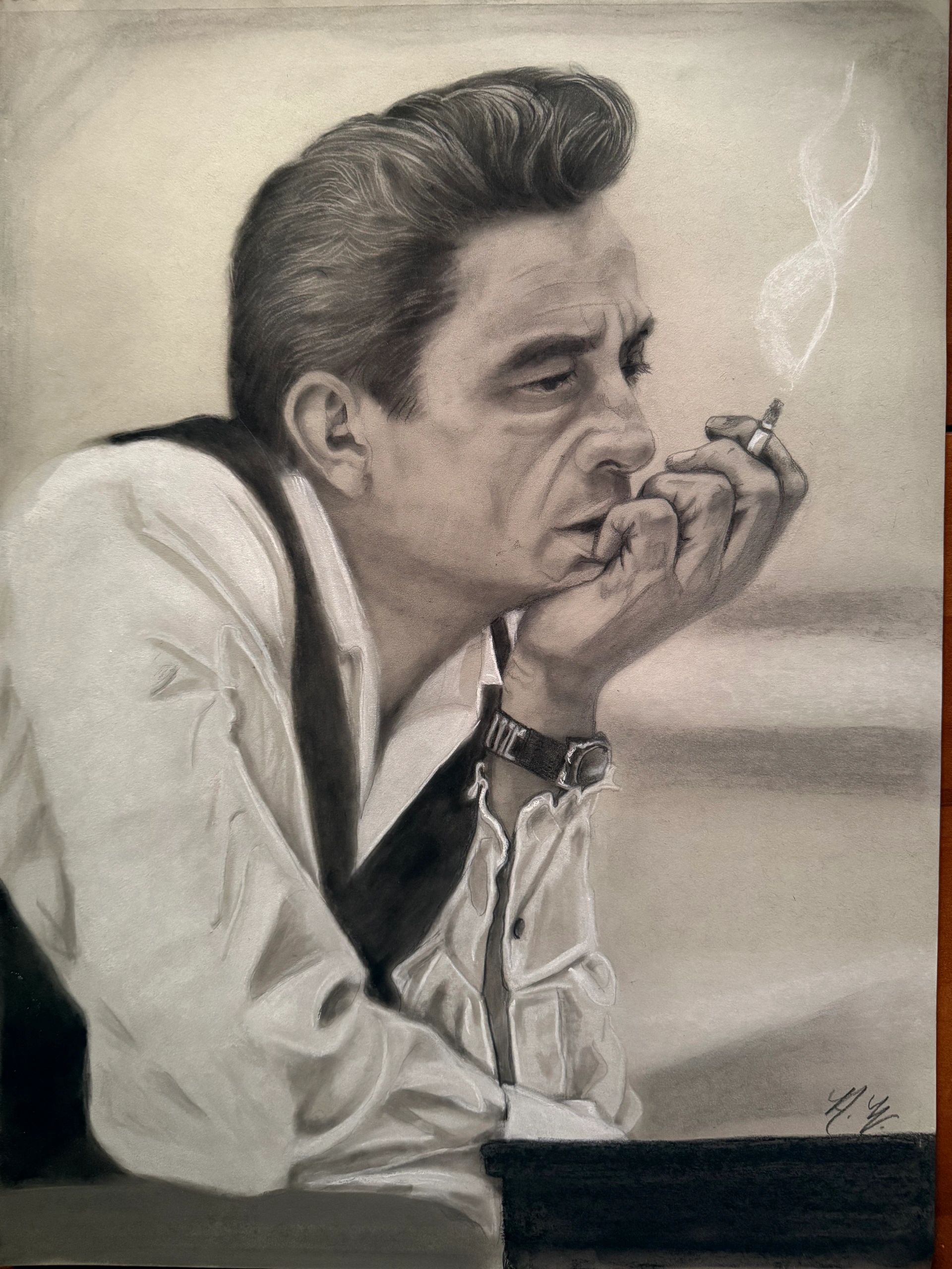Detailed charcoal portrait of a man smoking thoughtfully.