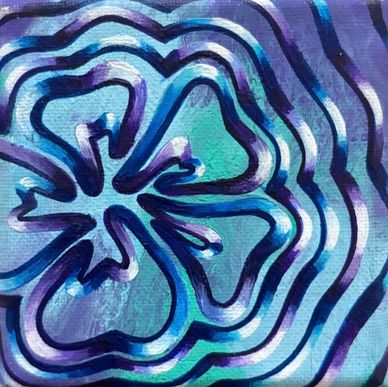 Abstract blue and purple floral pattern with layered outlines.