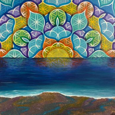 Colorful geometric patterns blend above a serene ocean scene at sunset.