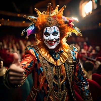 Payaso enatrado en un teatro con pulgar arriba.