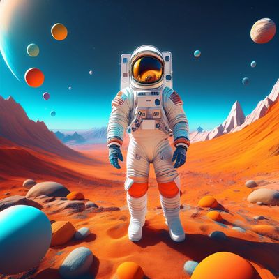 Astronaut exploring a vibrant alien landscape with colorful planets and rocky terrain.