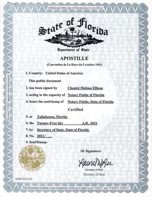 Florida Apostille for FL vital records, business certificates and notarized documents.