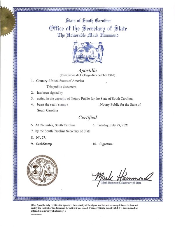 South Carolina Apostille for SC vital records, business certificates and notarized documents.