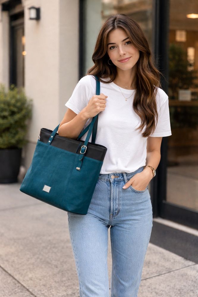 Woman in white tee and jeans carrying a teal and black handbag outdoors.