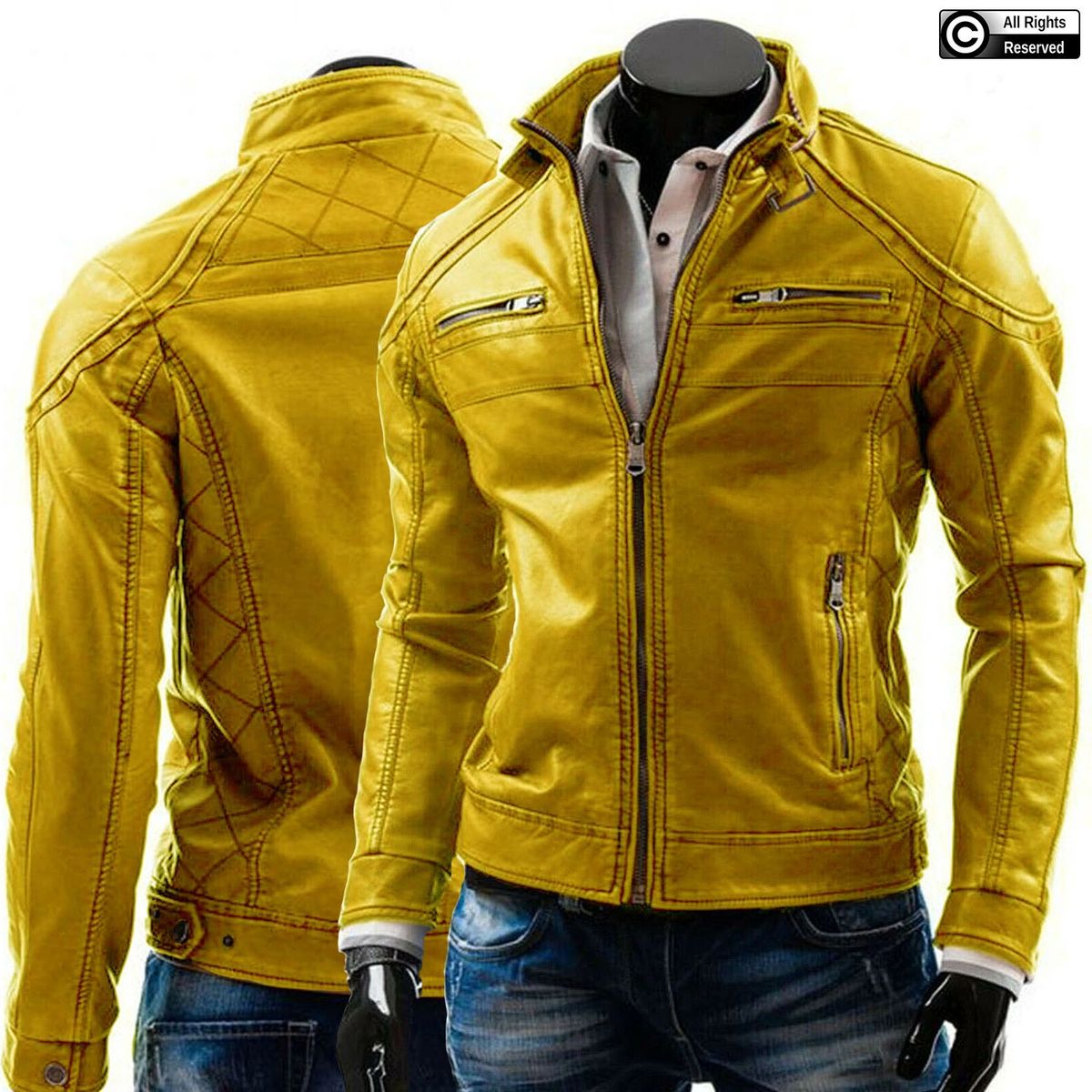 Gearswears Men's Yellow Leather Jacket - Classic Style, Genuine Leather  Jacket