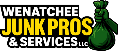 Logo for Wenatchee Junk Pros & Services LLC with a hand holding a green garbage bag.