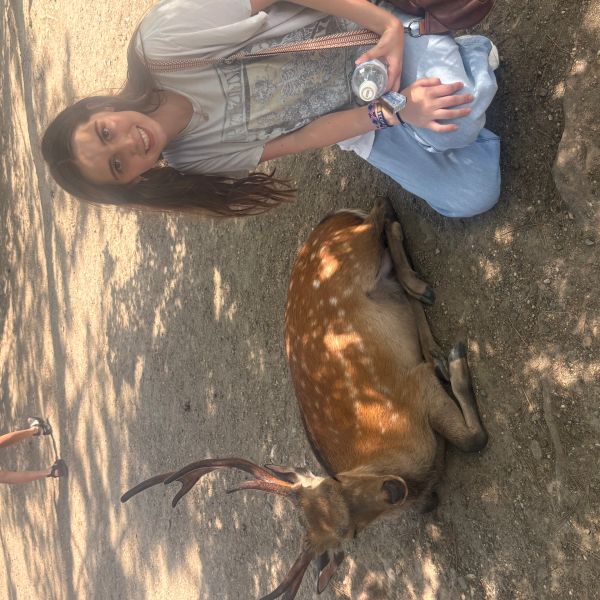 A young woman kneeling beside a resting deer with antlers in a shaded outdoor area.