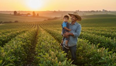 Farmer holding child in a lush green field at sunset.