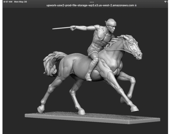3D sculpture of an Indian Relay Racing rider on horseback aiming a whip..