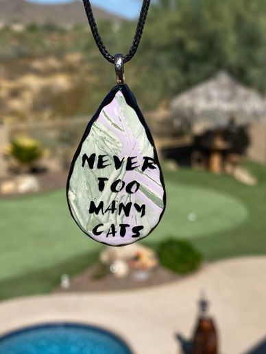 Clay necklace in lavender and sage with "Never Too Many Cats" with 21" adjustable black cord