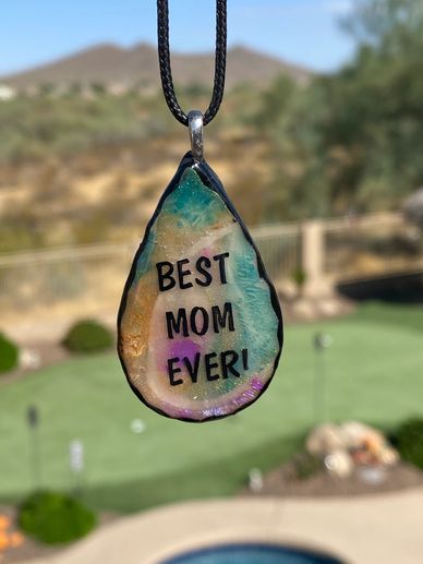 Clay necklace in iridescent blue, gold & Pink with "Best Mom Ever" with 21" adjustable black cord