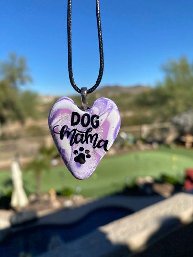 Clay necklace in lavender, white and silver with "Dog Mama" and paw, with 21" adjustable black