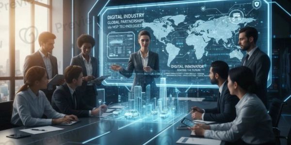 Business team discussing futuristic digital technology with holograms.