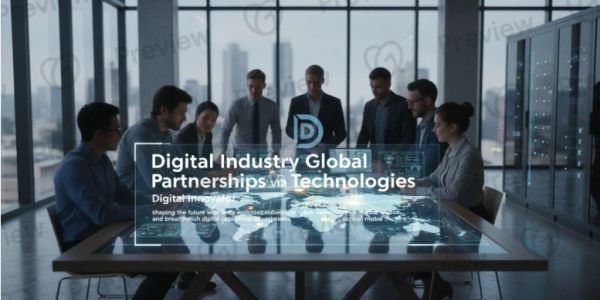 Team collaborating on digital industry global partnerships using futuristic technology.