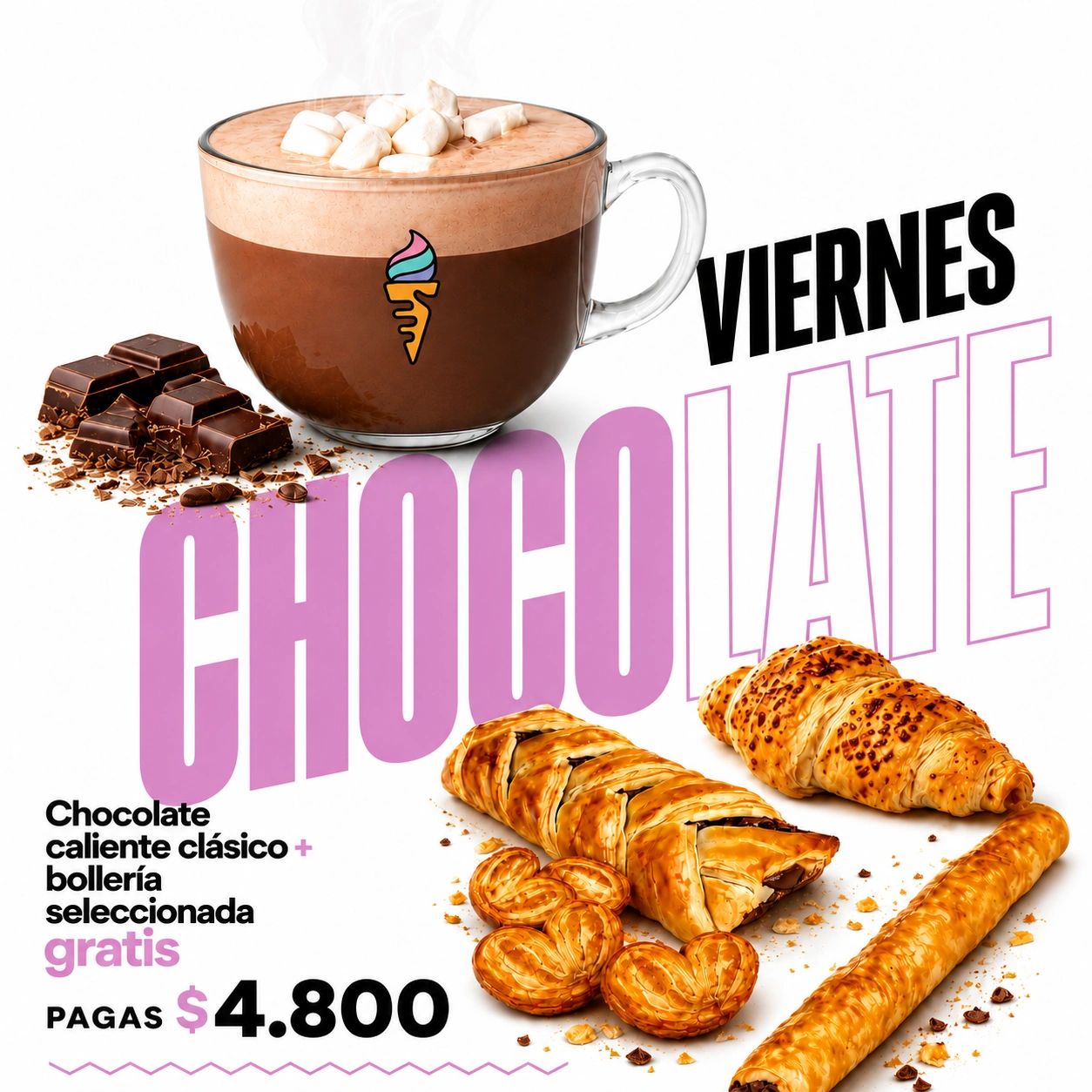 Promoción de chocolate caliente con bollería gratis los viernes.