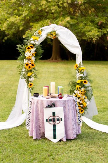 Rustic, Summer Wedding ceremony flowers and decorations. Christian Wedding, Celtic Wedding, Arch