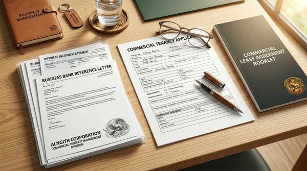 Desk with commercial lease documents, application forms, and business letters.