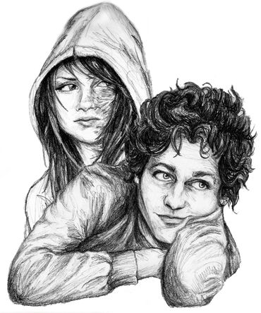 Young hooded woman with hints of scars on face behind young smiling man leaning cheek on arm