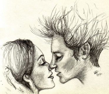 Sketch of young man with wild hair and young woman about to kiss