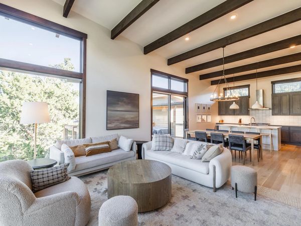 Bright, modern living room with large windows and cozy seating.