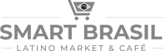 Logo of Smart Brasil Latino Market &amp; Café with a shopping cart and Brazilian flag.