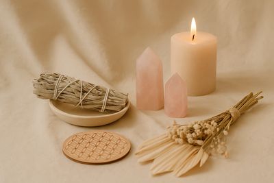 A serene arrangement of sage, rose quartz crystals, a lit candle, and dried flowers on a beige cloth.