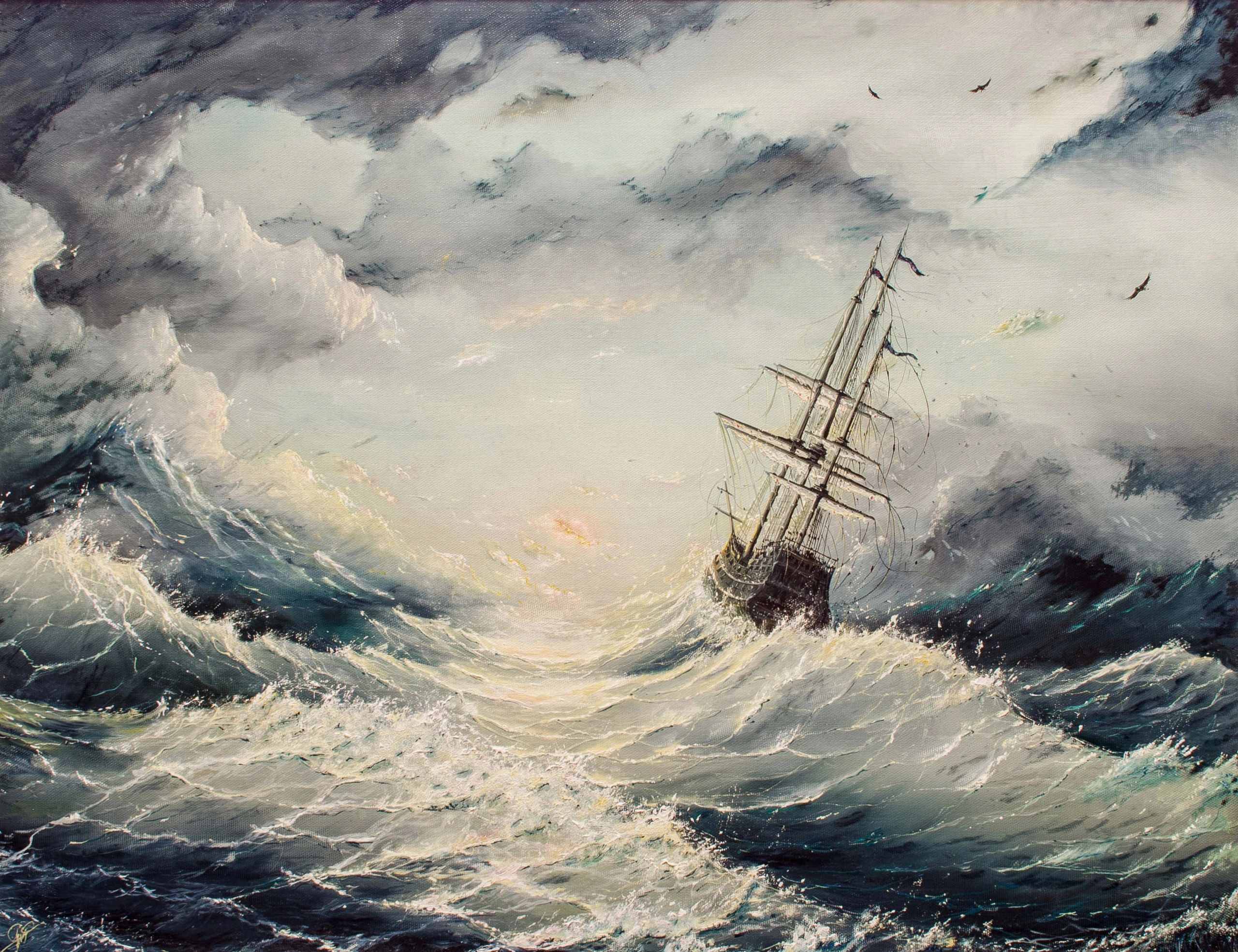 A ship struggling in a fierce ocean storm under a dark sky.