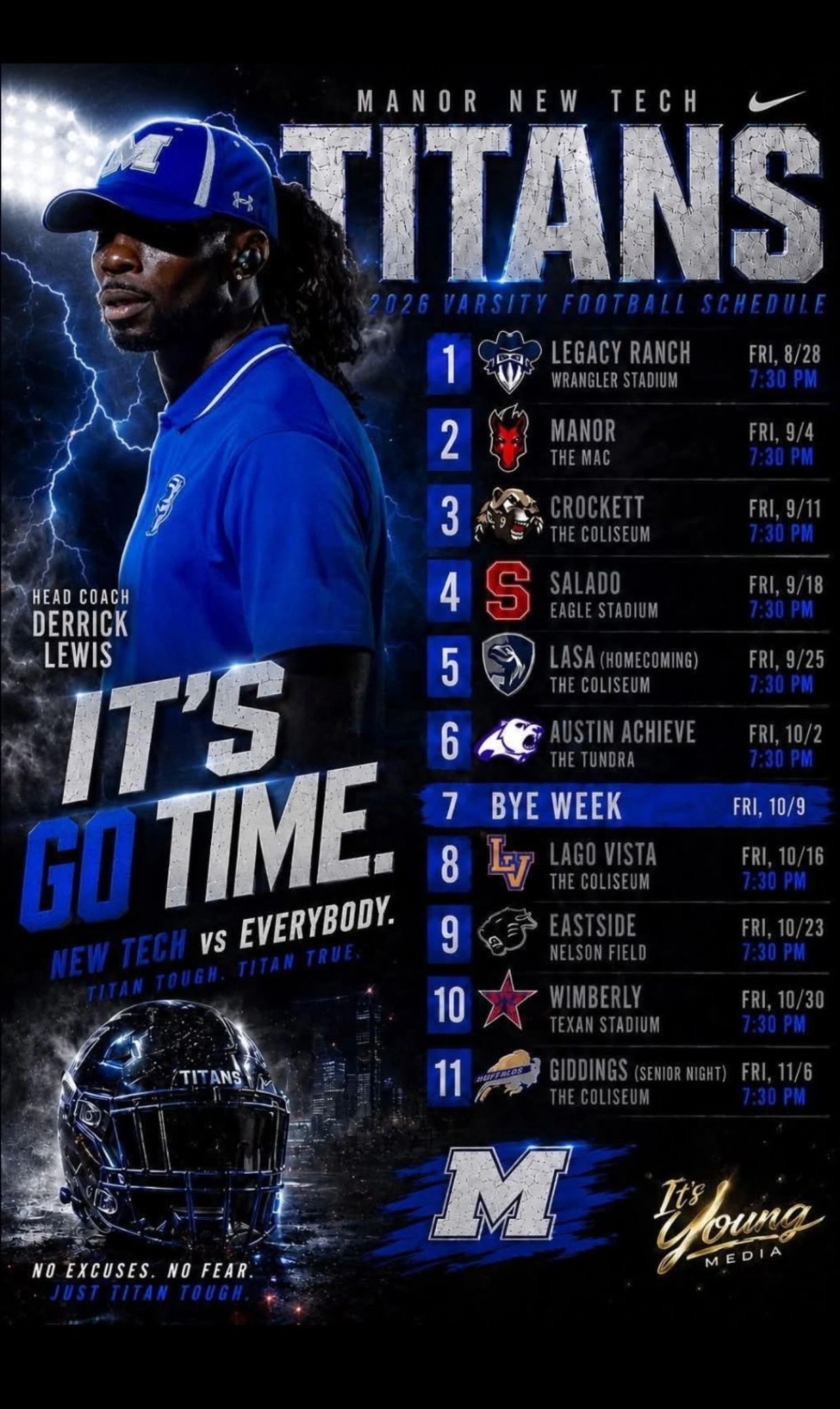 Manor New Tech Titans 2026 football schedule poster with coach Derrick Lewis.