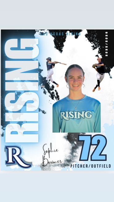 Softball player Sophie Boumer in Rising team uniform with action shots and number 72.