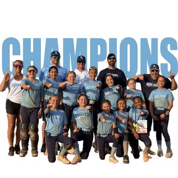 Youth softball team celebrating championship victory with thumbs up.
