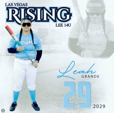 Softball player Leah Grande in uniform holding a bat, representing Las Vegas Rising Lee 14U.